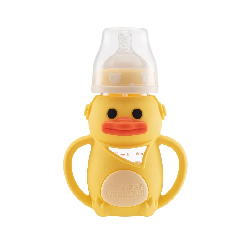 Wholesale Wundrbus big billed duck glass baby bottle with silicone protect heatproof children glass bottle