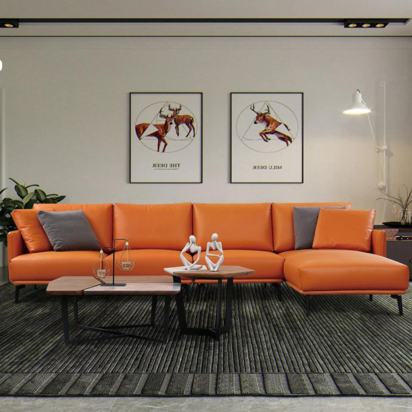 Hot sale orange color modern beautiful elegant high end fashion style high quality living room leather sofa for villa