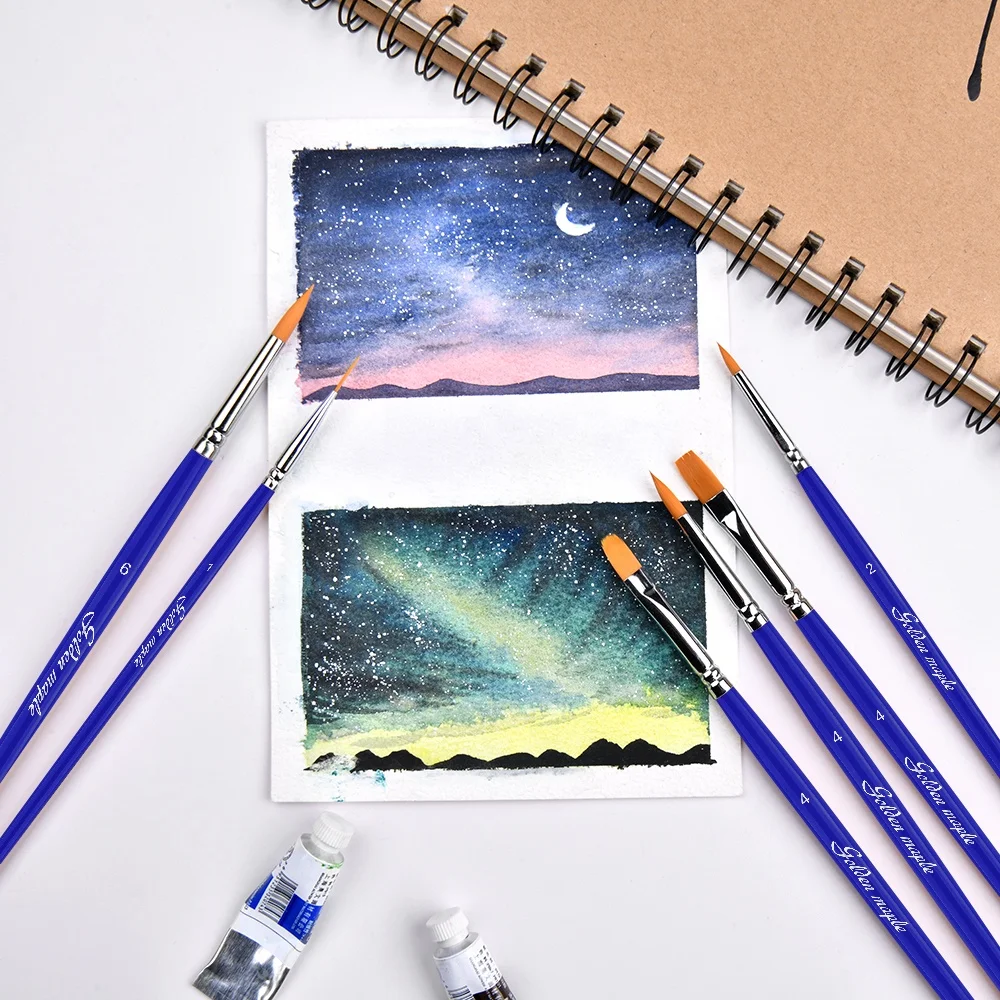 2023 New Arrival 6pcs Blue Sliver Tip Face Paint Brushes Set Short Wood Handle Nylon Hair Acrylic Artist Paint Brush