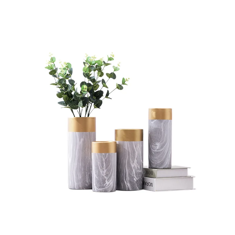 Home Decor Nordic Living Marble Pattern Ceramic Porcelain Flower Vase With Gold Edge Decal