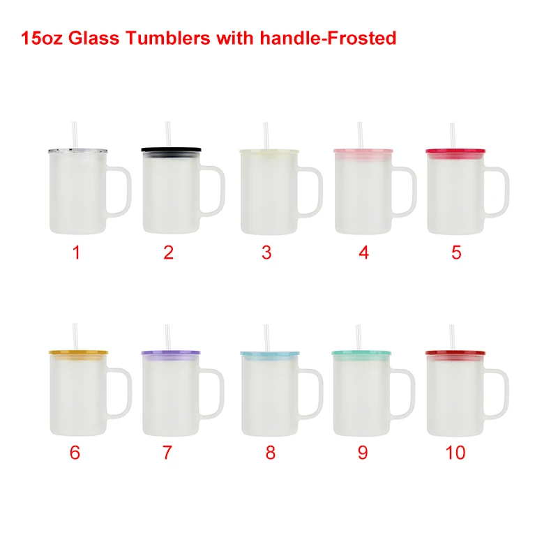 New Arrival Stocked 15oz Frosted Clear Glass Can Sublimation Blank Soda Mason Jar Milk Beer Cup with Colorful Lid and Straw