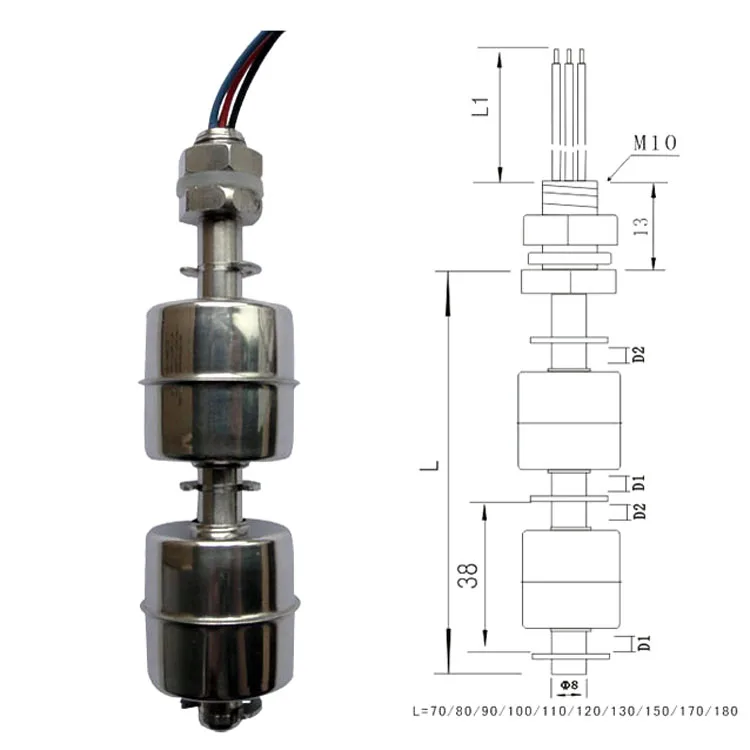Float70-180LSS-2X-M10 Magnetic Liquid Level Sensor Indicator Water Tank Float Ball Switch Stainless Steel Fluid Level Controller