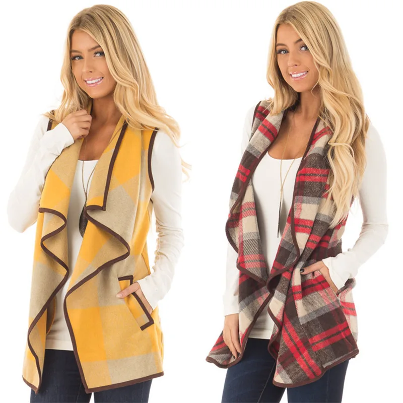 Wholesale Fashion Women Outwear Waterfall Asymmetrical Hem buffalo Long Plaid Vest Coat