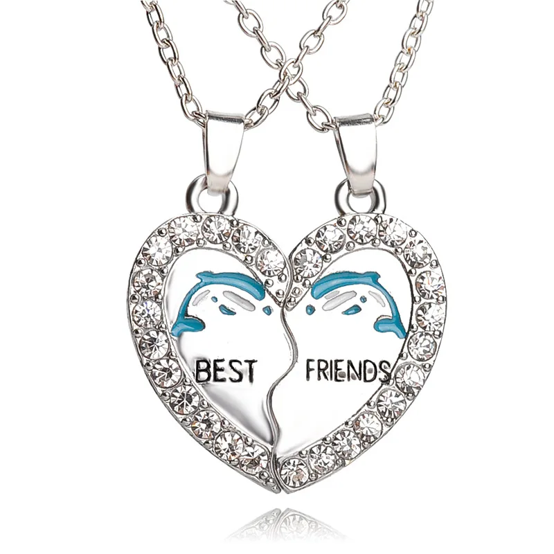 Hot Sale  BFF 2 Part Broken Heart Pendant Animal Anchors Penguin Crystal Pendant Necklace BEST FRIENDS Necklace  For Friendship