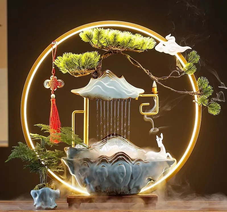 Tabletop Water Fountain, Indoor Waterfall with Round LED Light Ceramic Crane Mist Maker and Incense Holder for Home Office Decor