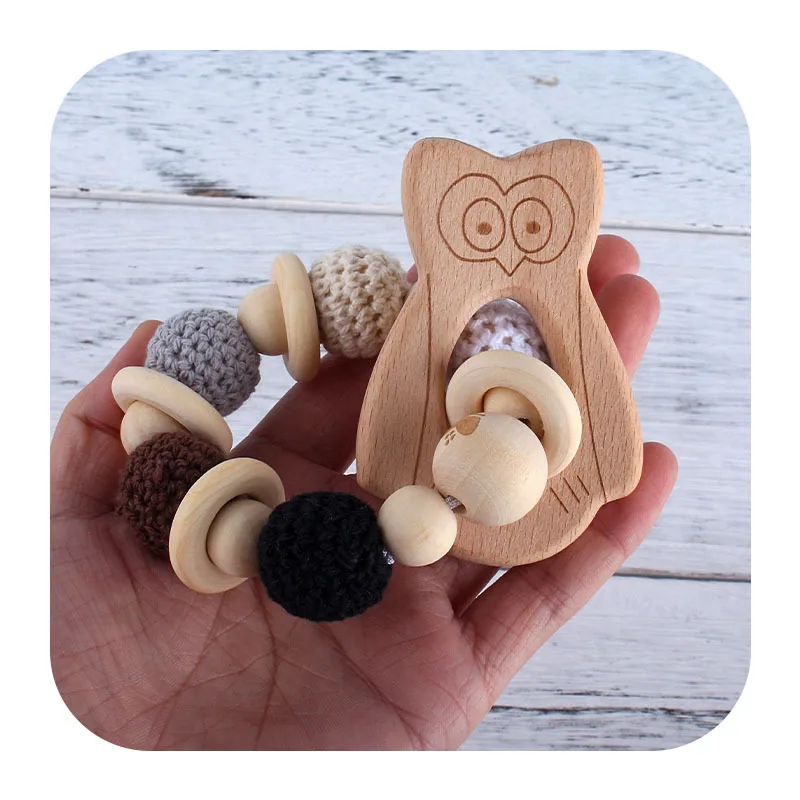 Ring Baby Teethers Animal Cartoon Bracelet Crochet Wood Beech Wooden Food Grade Silicone Wholesales Baby Kids Gift Non-Toxic