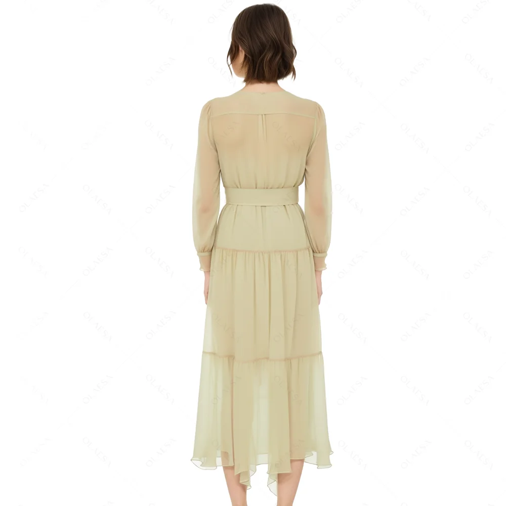 ODM High Quality V Neck Button Fly Belted Chiffon Midi Dress Custom Casual Dresses