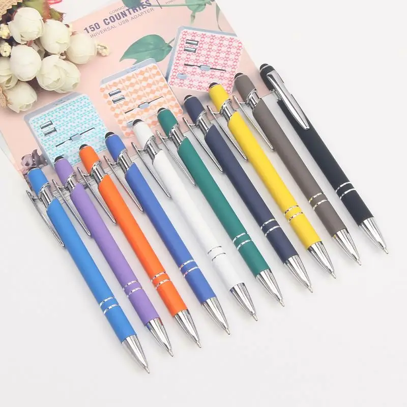 advertising ballpoint pen custom logo press rubber metal ball pens with stylus promotional gift pen