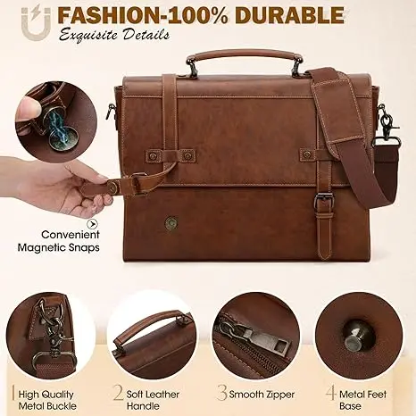 Custom Durable Waterproof Vintage Laptop Briefcase Large Shoulder Crossbody Bag Leather Messenger Bag for Office Business Travel