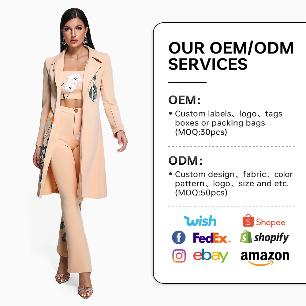 BEISHI Fashion Long Sleeve And Pants Flower Floral Print Three Piece Set Womens Suits And Blazer Ladies Suits Office Wear