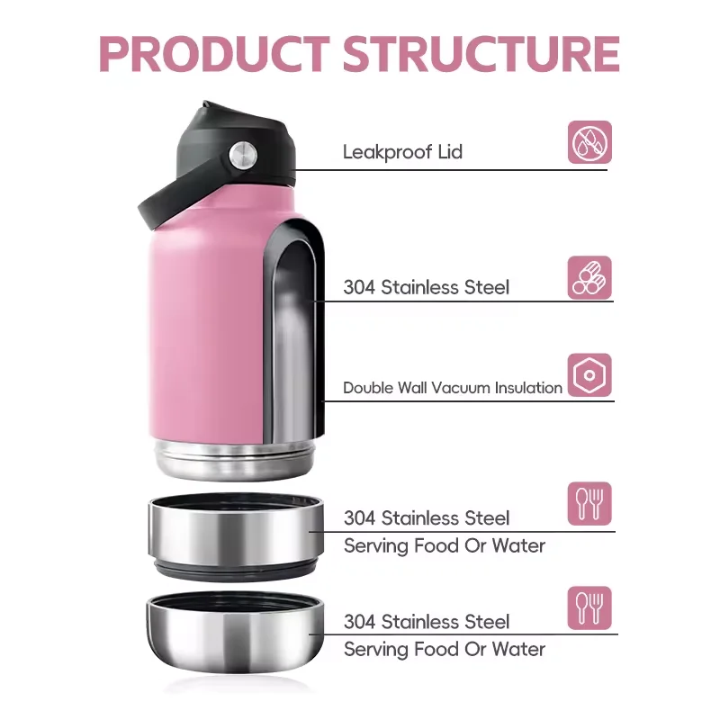 OKKPETS Custom Logo 32Oz Portable 3 in 1 Dog Water Bottle Pet Feeder Travel Bowl Insulated Dog Bottle