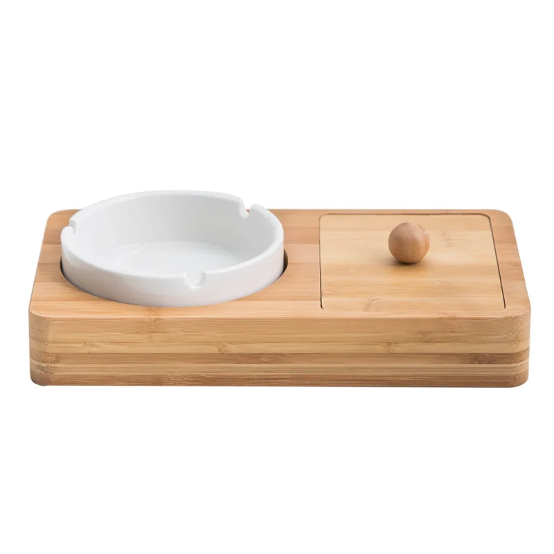 ATY100 Multifunction Bamboo Storage Box Ceramic Ashtray for Home