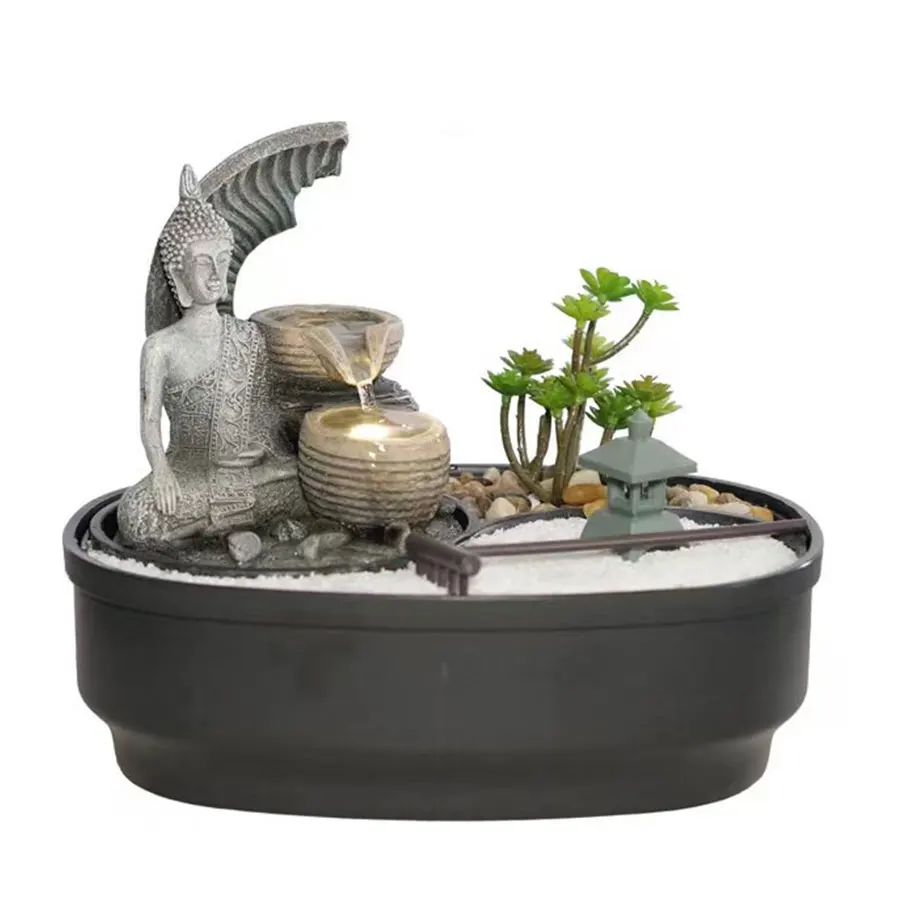 Customized Office Home Decoration Resin Home Feng Shui Maitreya Buddha Water Fountains Feature with sand Rocks lake