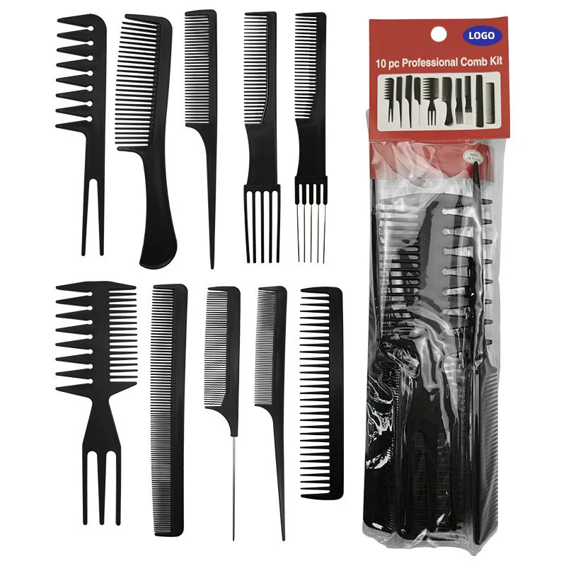 Hot Sale Professional 10 Pcs Black Salon Hair Styling Hairdressing Plastic Barbers Beauty Hair Brush Combs Set