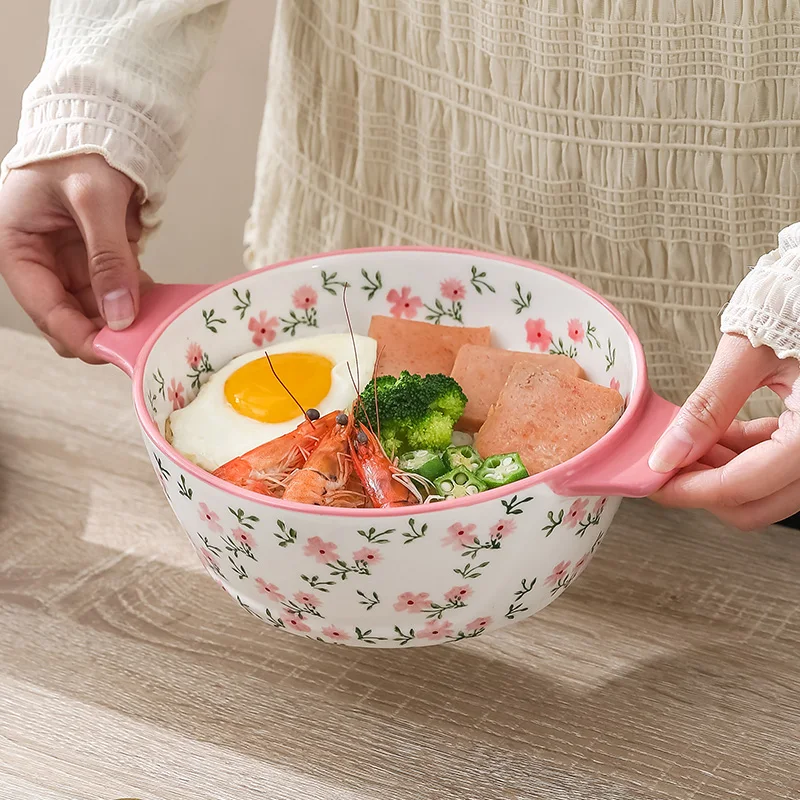 Wholesale In Stock Ceramic Large Noodle Soup Bowl Stoneware Hand-Painting Dinnerware Pink Ramen Bowl Oven Microwavable Safe
