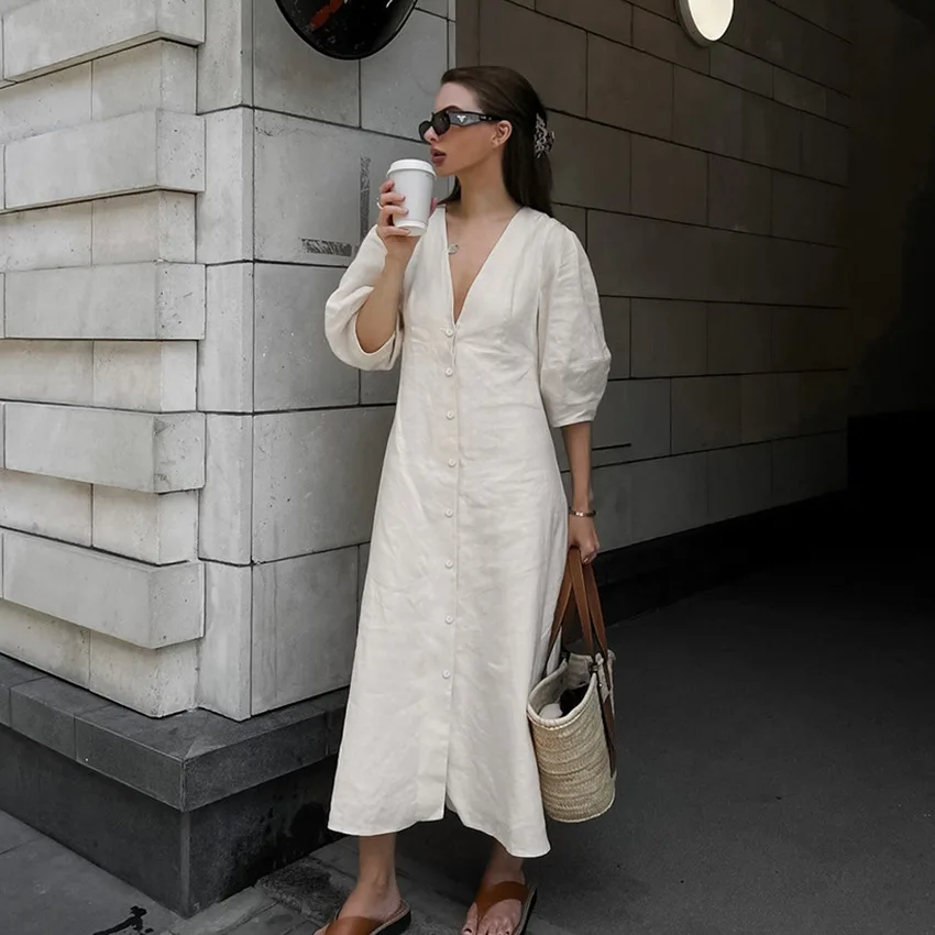 Women Cotton Linen Hemp Bubble Sleeve Dress Open Back Loose V-Neck Shirt Dress Long Dress