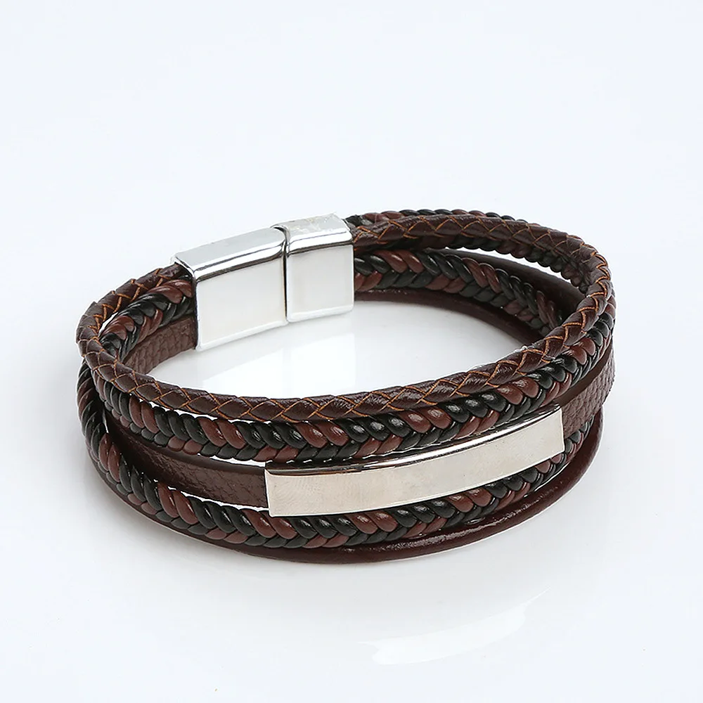Fashion Multi-layer Men Genuine Leather Bracelets Stainless Steel Clasp  Leather Bracelet For Women Men Gifts SCB026