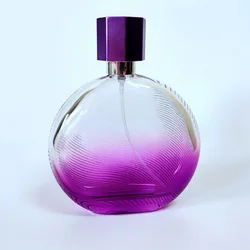 free sample  100 ml 100ml gradient purple color flat round empty glass perfume bottle with gold spray pump