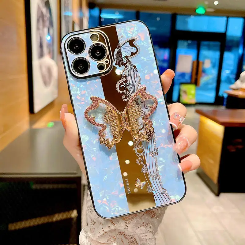 2022 New Luxury Rhinestone Mirror Phone Case For iPhone 14 Pro Max iphone 11 12 13 Case 3D butterfly Stand Holder Cover