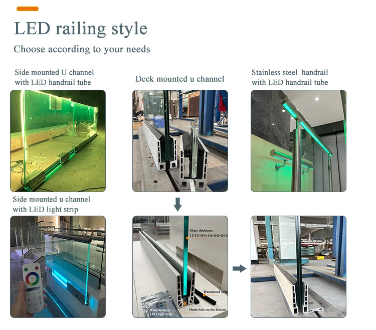 stainless steel stair handrail glass balustrade railing spigot led glass standoff aluminum deck stair glass railing balcony