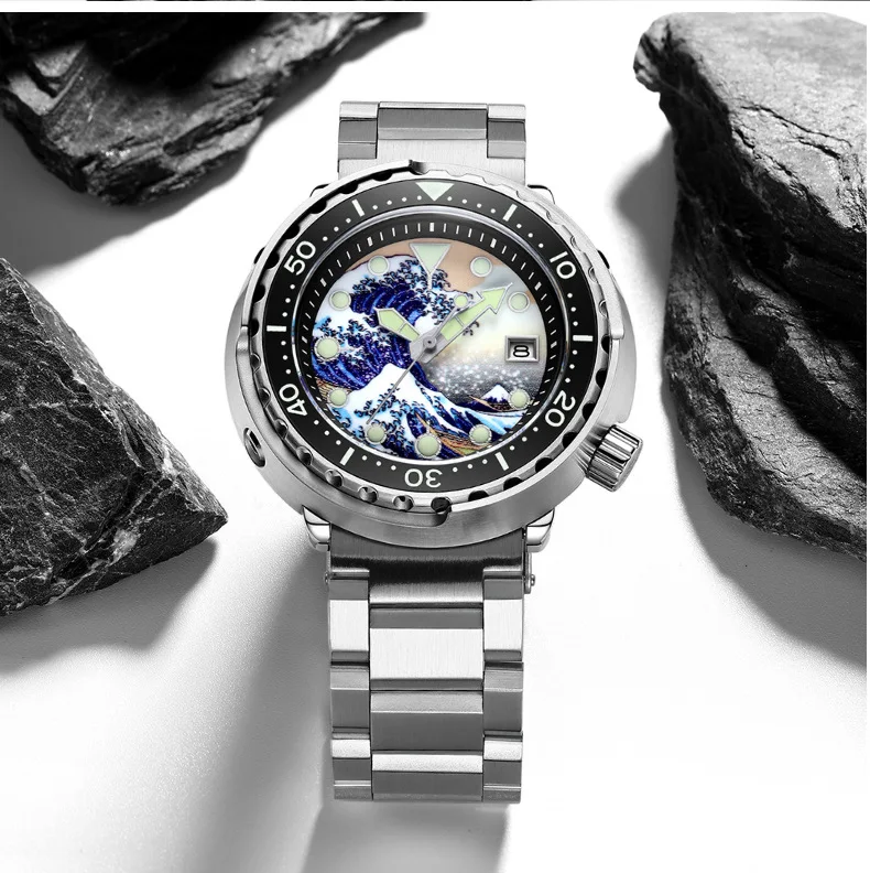 Personal made design Damascus steel watch diving watch case with ceramic insert luminous markers Helium escape diver watch