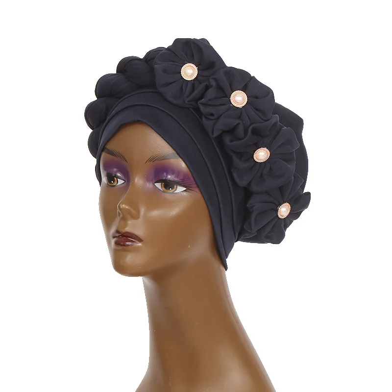 Q30687 Faux Pearl & Bow Decor Head Wrap Muslim Space Layer Hat African Nigerian Turban Gele  Braid turbans caps
