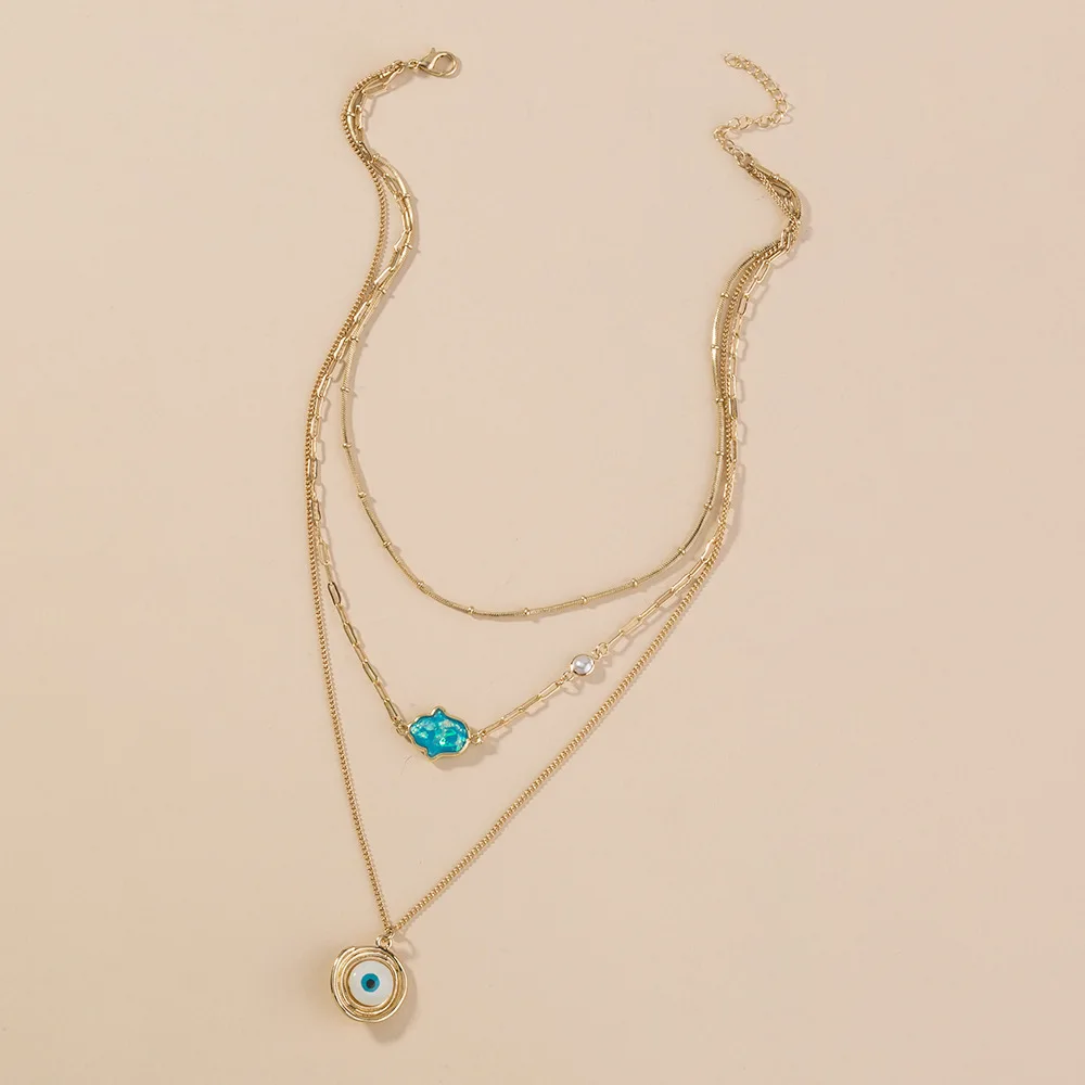 
New Arrival Gold Evil Eye Necklace Opal Hamsa Hand Pendant Multilayer Necklace for Women Jewelry 