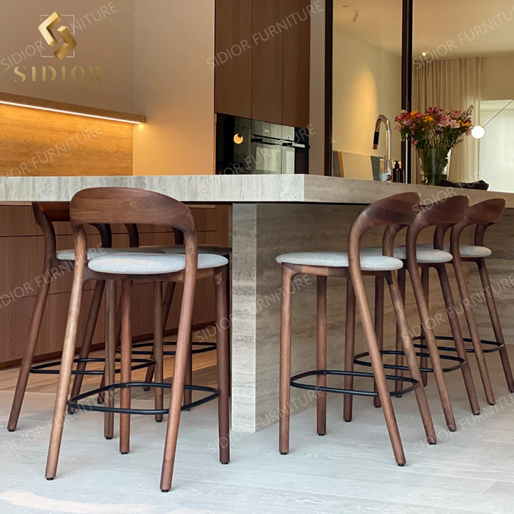 Modern leather velvet luxurious  kitchen black gold wooden restaurant counter bar stools bar stool high chair for kitchen