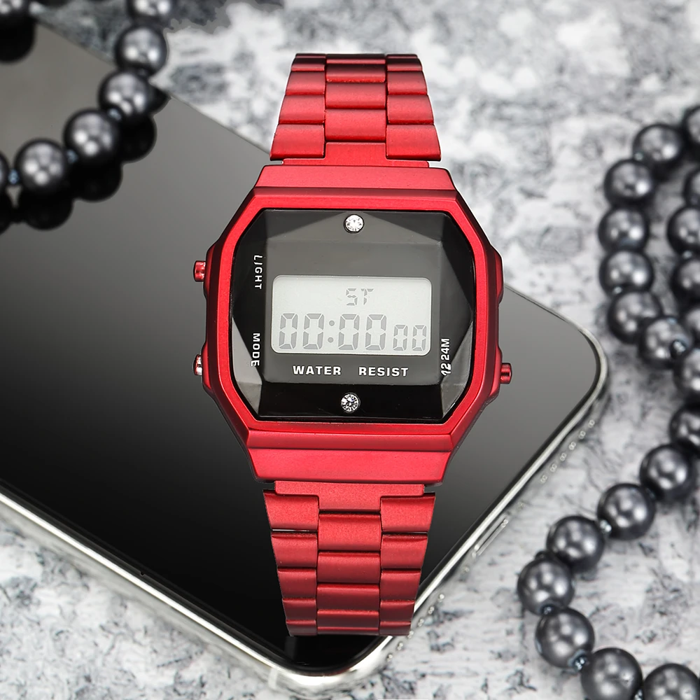 Electronic Digital Watch Rainbow color Fashion steel diamond women luxury digital watch F91W color sports watch