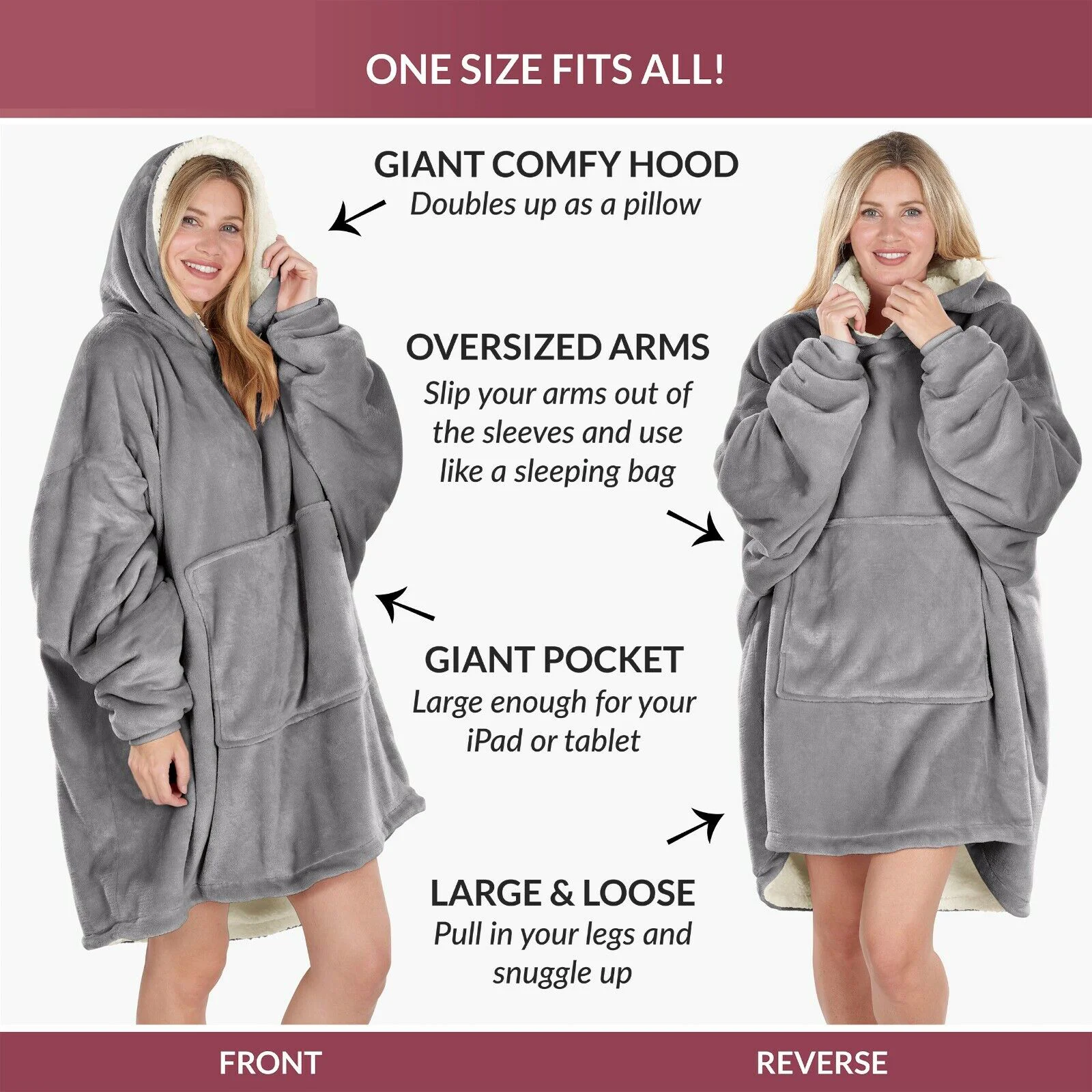 Oversized Hoodie Blanket Ultra Plush Fleece Sherpa Giant Big Hooded Sweatshirt