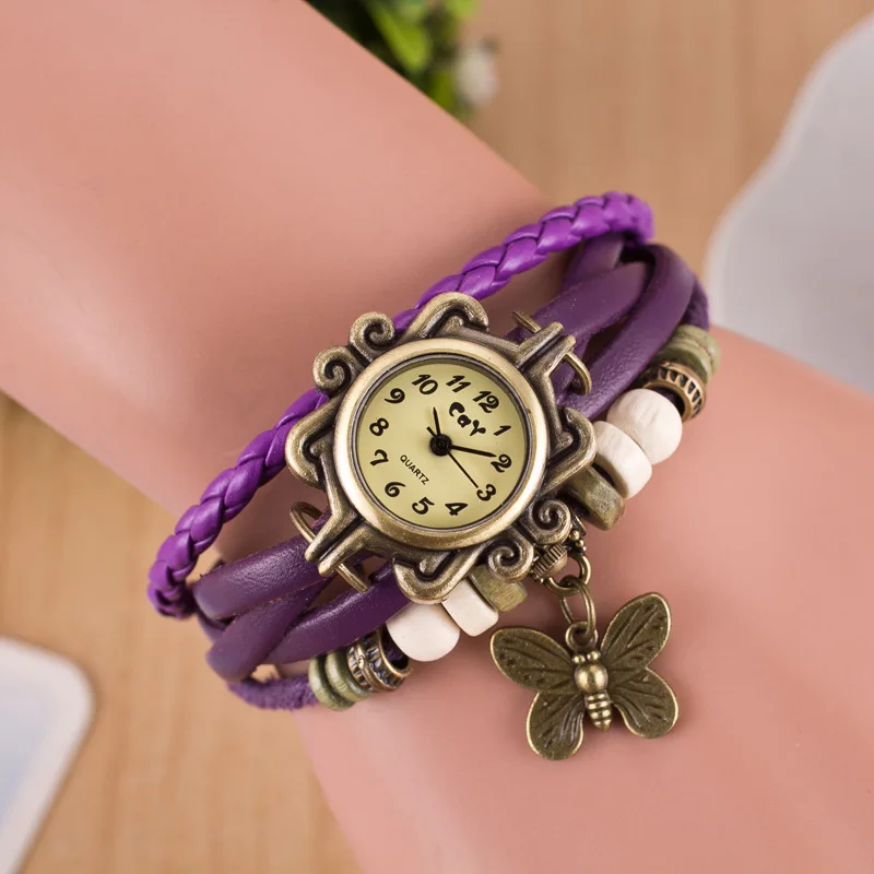 2021 High Quality Women PU Leather Vintage Watches,Women dress bracelet Wristwatches butterfly Pendant RW01