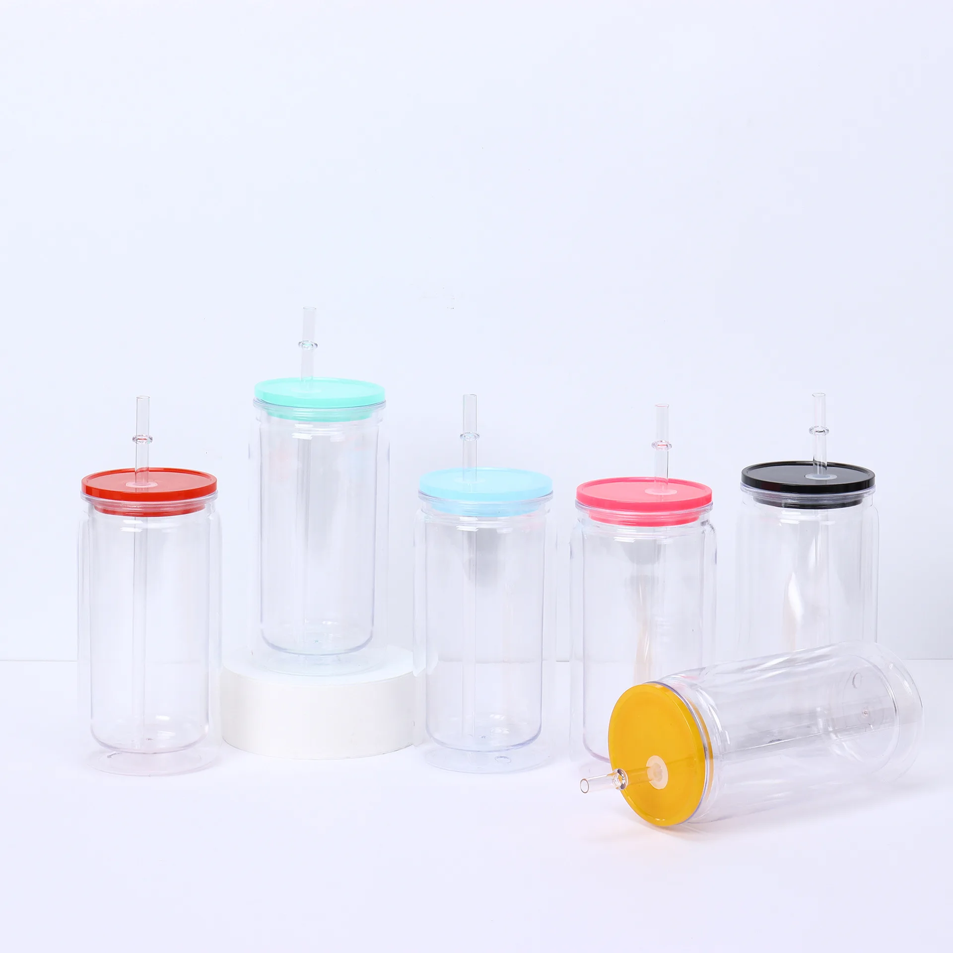 Plastic soda beer can predrilled double wall snowglobe tumbler clear 16oz plastic jerry can cup with silicone plug