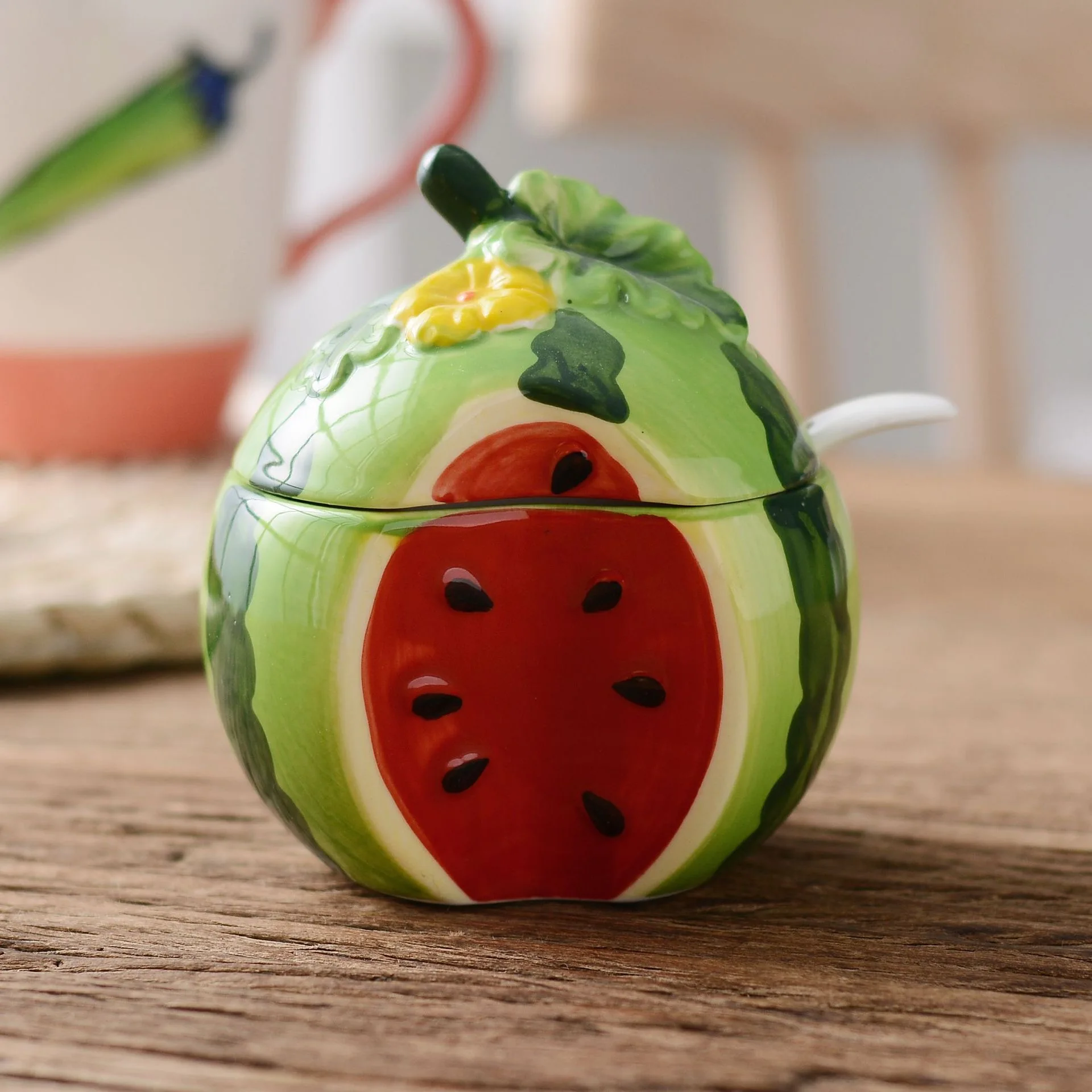 Exclusive wholesale ceramic salt and pepper cellar fruit shaped handcraft sugar jar seasoning container with spoon custom logo