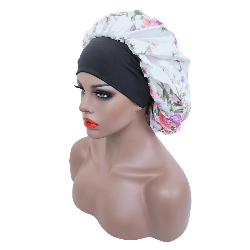 Factory wholesale new arrival satin silky sleep hat bonnet durag extra big size single layer floral print