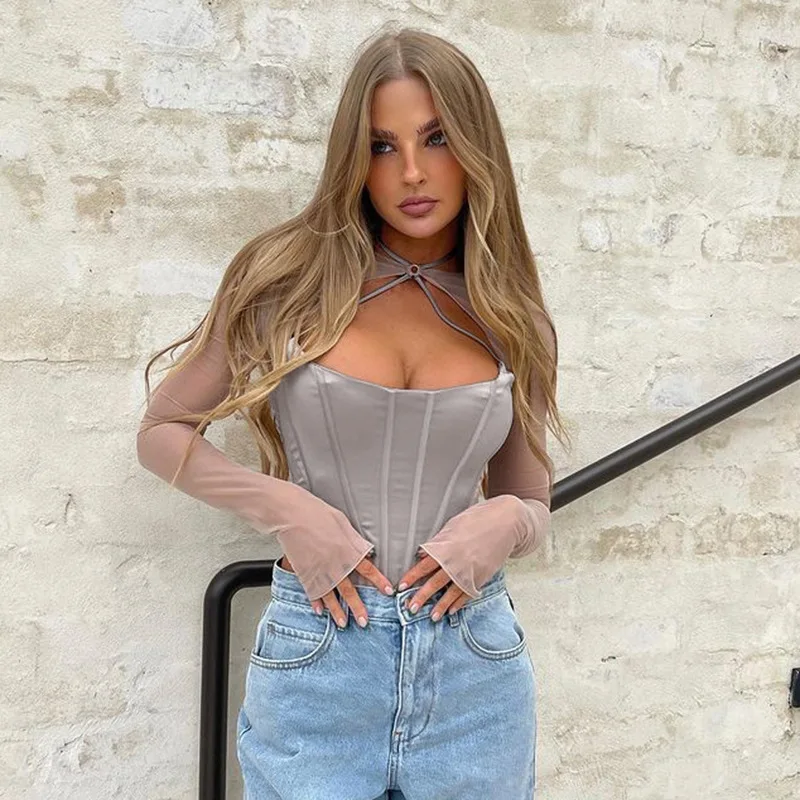 Sexy See Through Mesh T Shirts Women Gray Patchwork Long Sleeve Round Neck Bodycon Female Tops Summer Fashion Streetwear