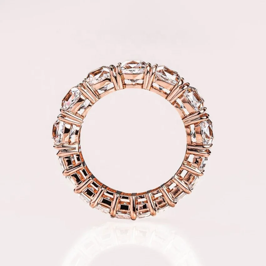 14K Solid Rose Gold Moissanite Wedding Band Ring Emerald Cut Round Cut Moissanite Eternity Ring For Women