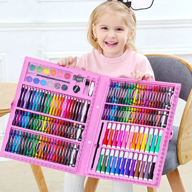 Non-Toxic Kids Plastic Case Watercolor Pen Colour Pencil 208 Pieces Art Drawing Set With Easel Kit
