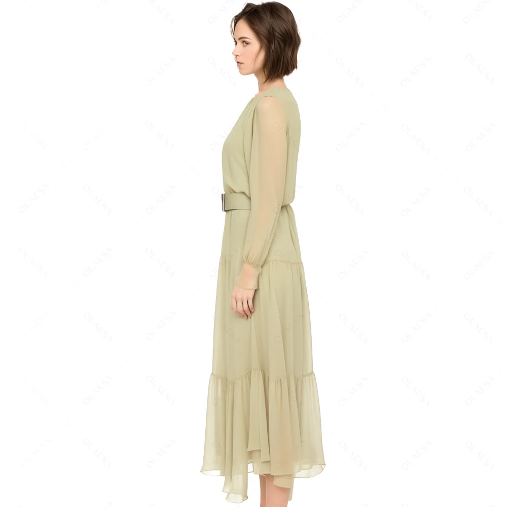 ODM High Quality V Neck Button Fly Belted Chiffon Midi Dress Custom Casual Dresses