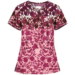 Customized Logo Working Uniform T Shirt Women Print Short Sleeve V-Neck Top Tee with Pockets Nursing Nurse Uniforms