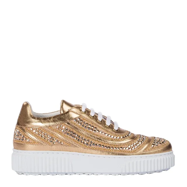 Casual shoes made in Italy in gold-tone laminated nappa and embellished with crystals for wholesale