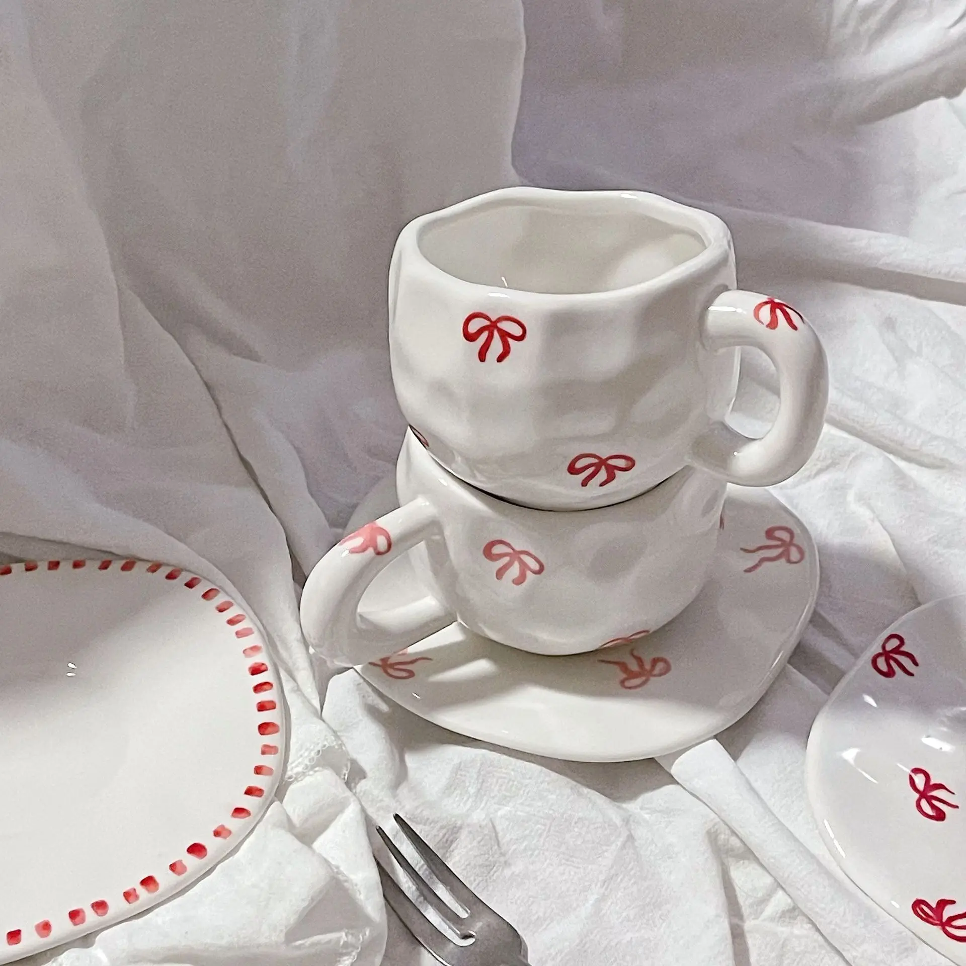 Cute Handmade Ceramic Bow Cup With Saucer Gift Mug