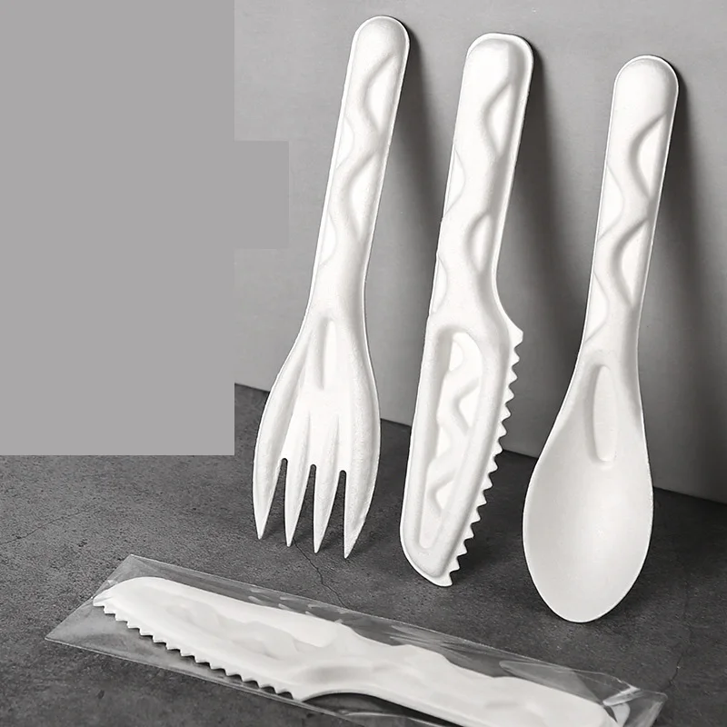 100% Biodegradable Compostable Heavy Duty Paper Pulp Utensils Disposable Sugarcane Bagasse Cutlery set knife spoon and fork