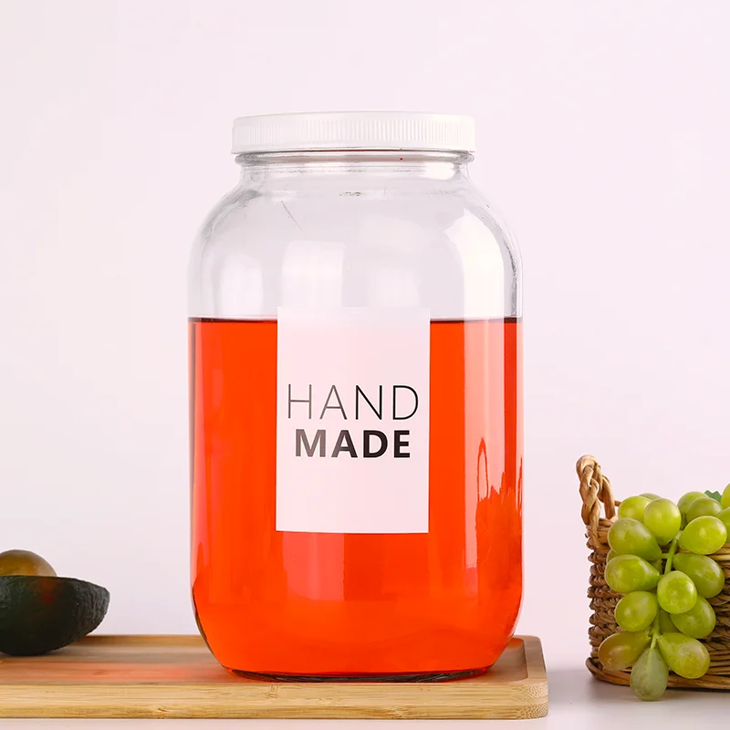 Empty 1 gallon Clear wide mouth round glass jar with black metal lid for vegetable beef chicken bone broth Protein powder