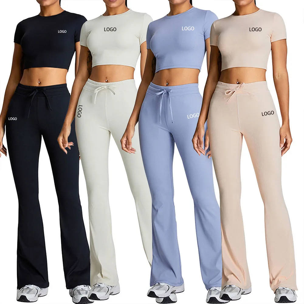 OEM Women Ribbed Crop Top T-shirt with Flare Leggings 2 Pcs Sets Plus Size Yoga Sports Gym Pants Sets Gym Fitness Active Wear