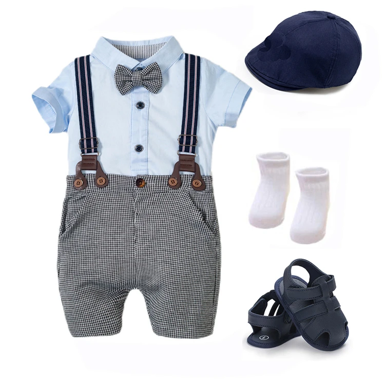 Summer Boys Outfit Hat Shoes Baby Clothes Set Bow Tie Bib Suit Newborn 7 Pieces Party Birthday Clothes 3 6 9 1 2 18  Months
