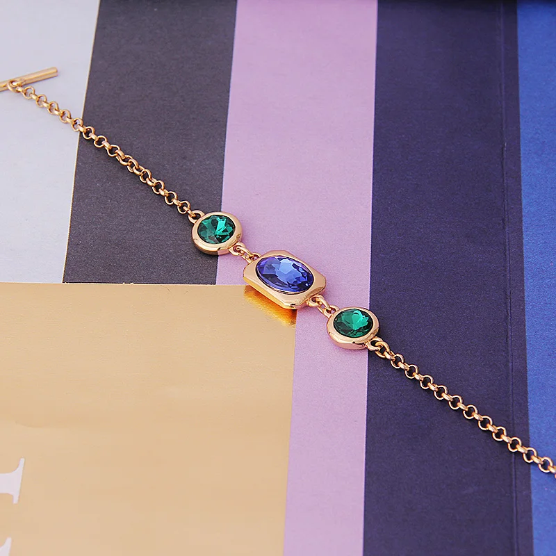 V&R Fashion jewelry woman gold plated bracelet 2 round emerald sapphire glass stone crystal healing rhinestone cuff bracelets