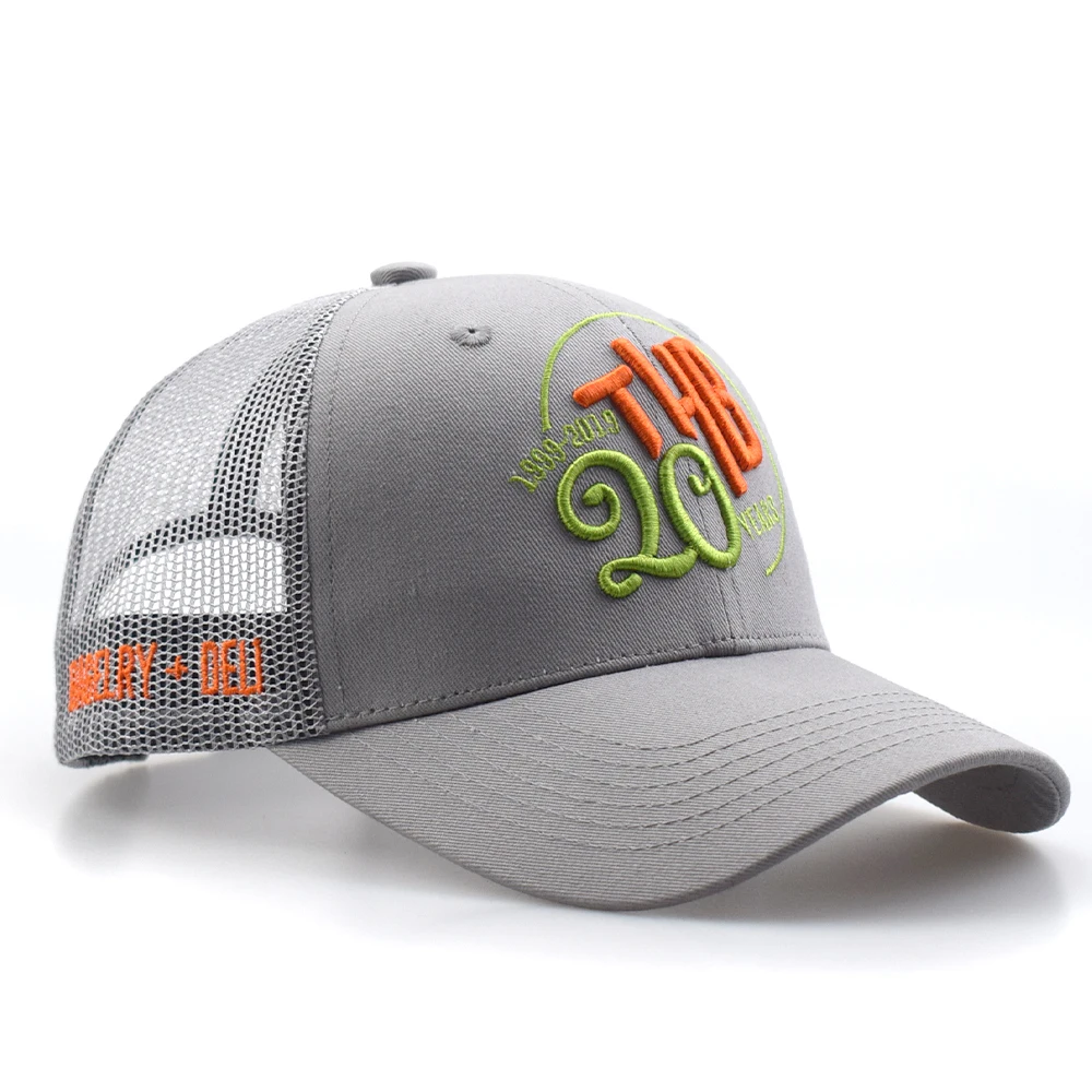 Custom summer sports caps embroidery patch logo grey color mesh trucker hat caps