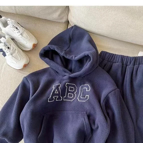 New autumn and winter children plus velvet letter leisure suit versatile pullover two-piece suit