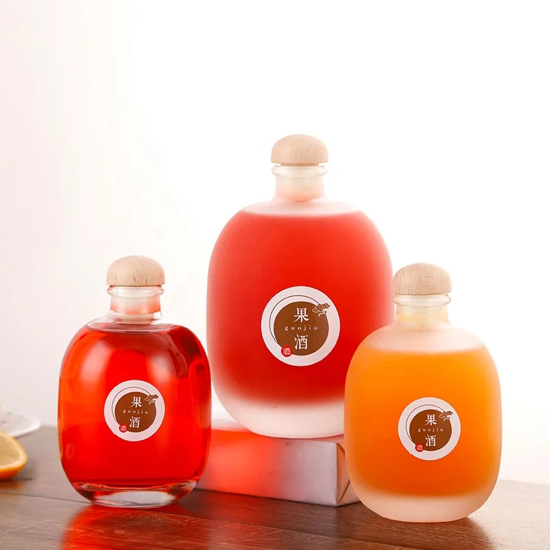 250ml 500ml Clear Liquor Gin Rum Storage Bottle Juice Whiskey Glass Bottle Round Frosted Vodka Gin Spirit Glass Bottle With Cork