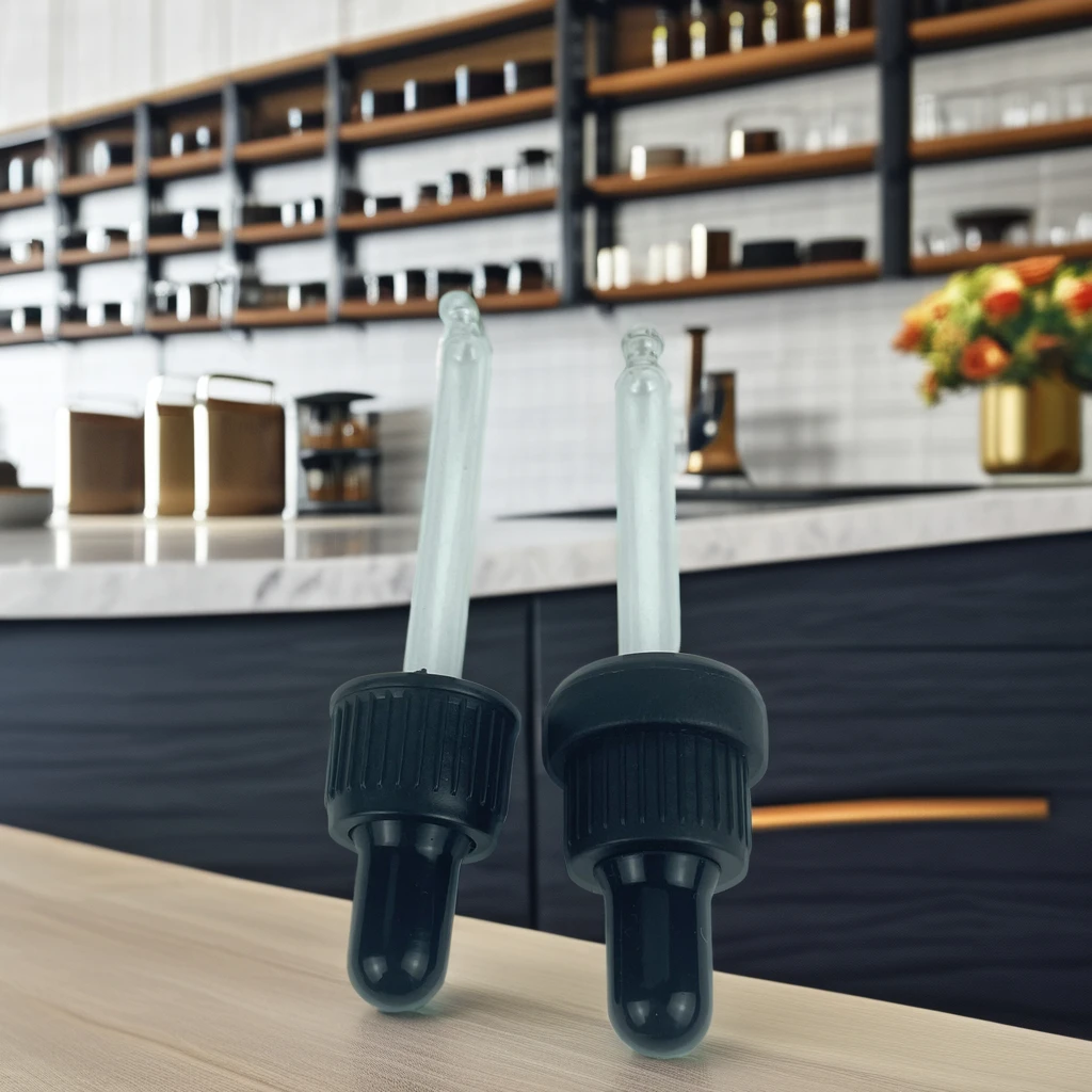 Clear Pipette Classic Black Tamper Ring Glass Dropper Top with Black Ribbed Cap and Screw Cap Essential Oil Bottle